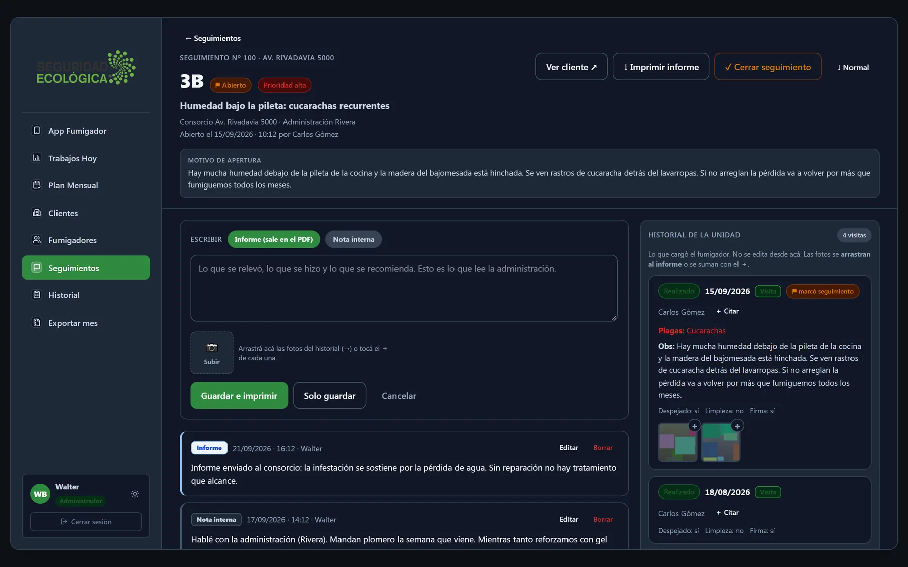 Detalle de seguimiento en modo oscuro