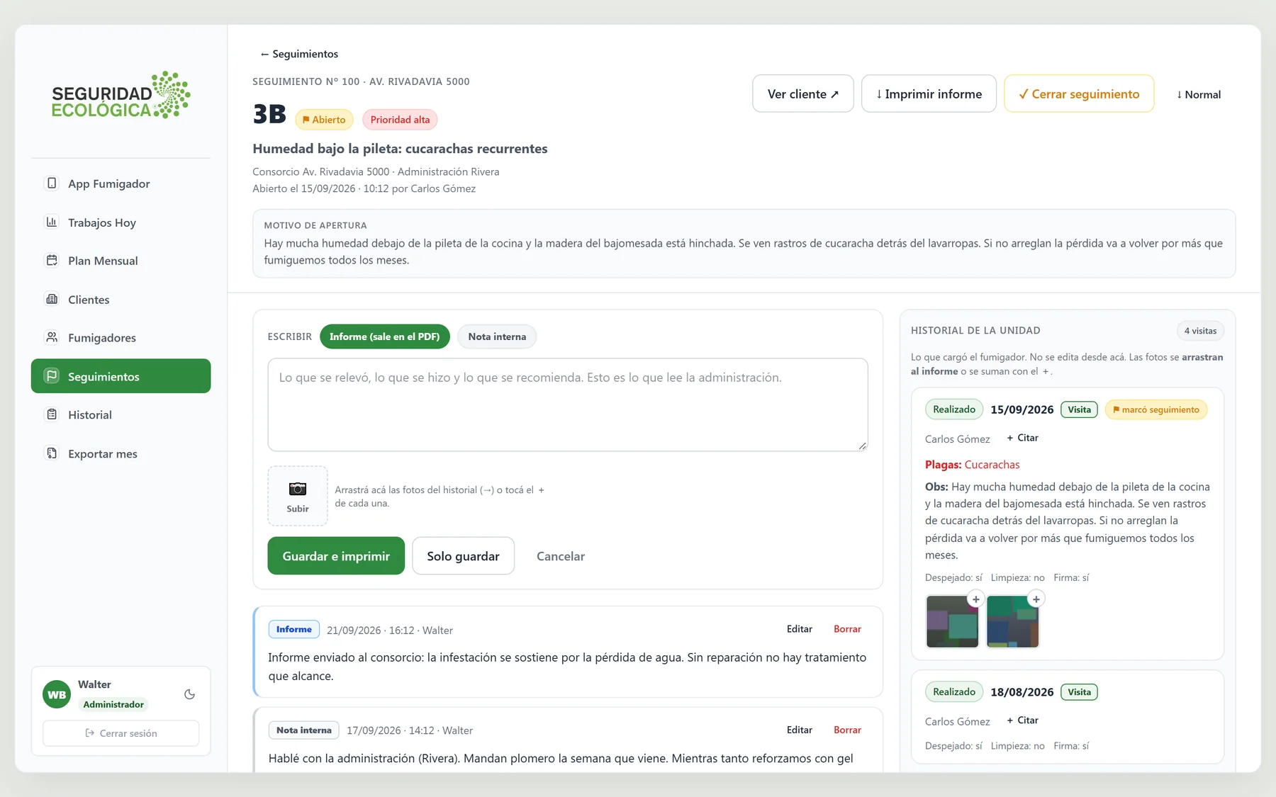 Detalle de un seguimiento con sus notas y fotos