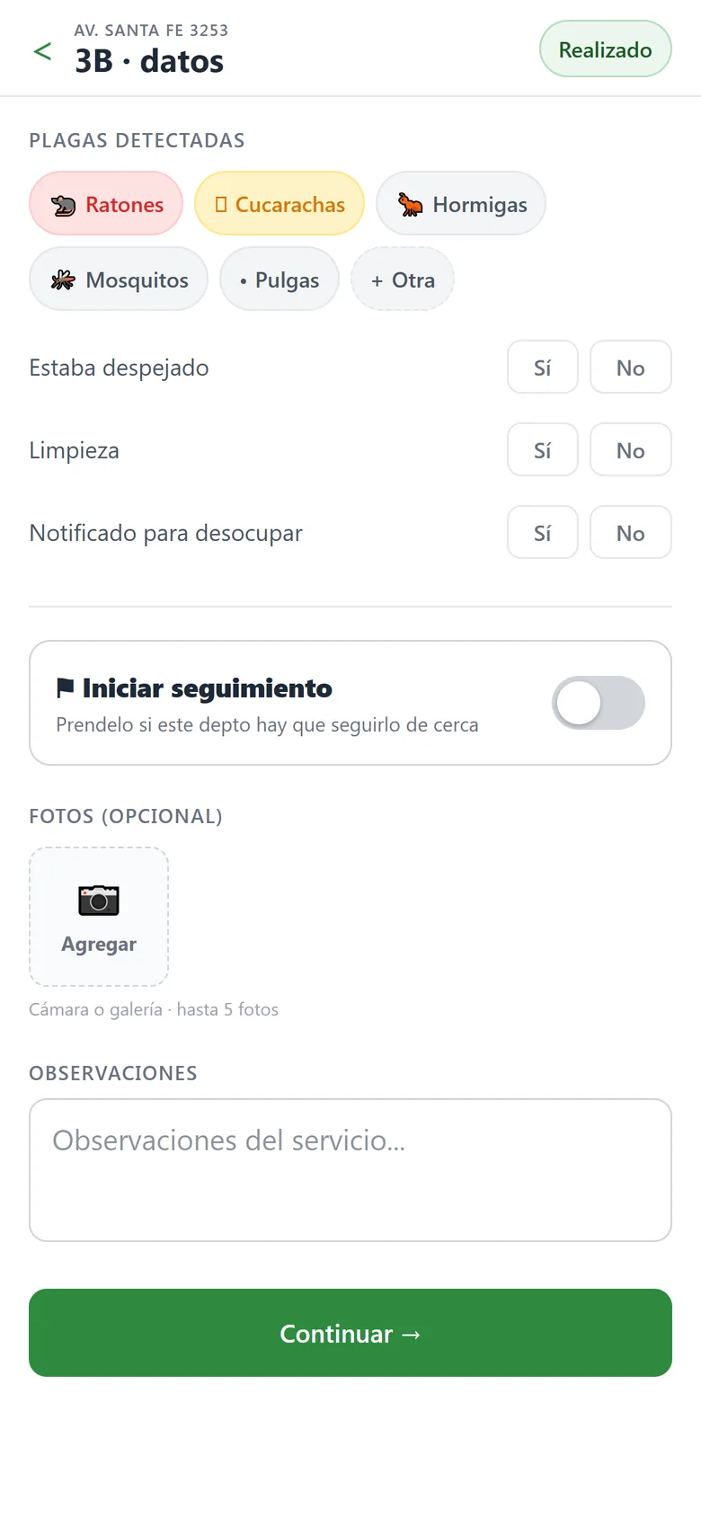 Datos del departamento: plagas, preguntas y fotos