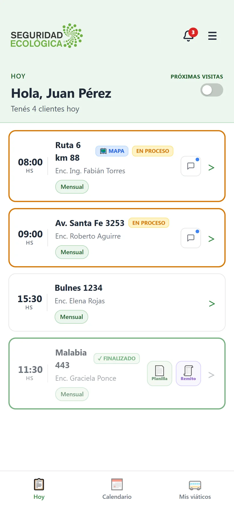 Celular del operario: clientes del día