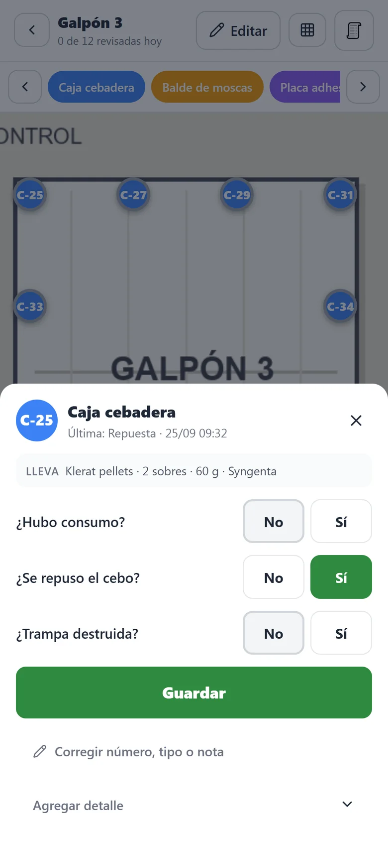 Registro de una trampa: consumo, reposición, estado