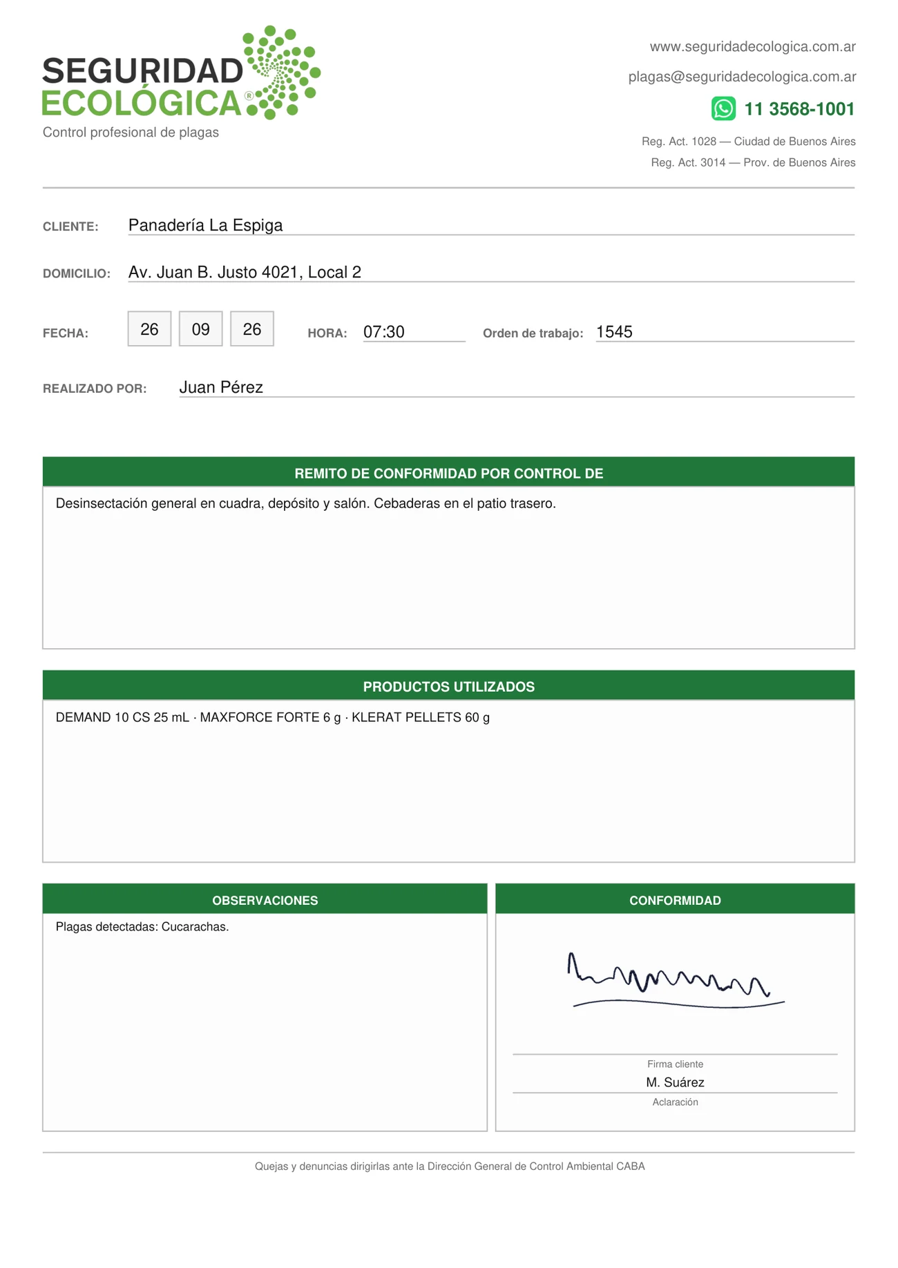 Remito de servicio con firma de conformidad