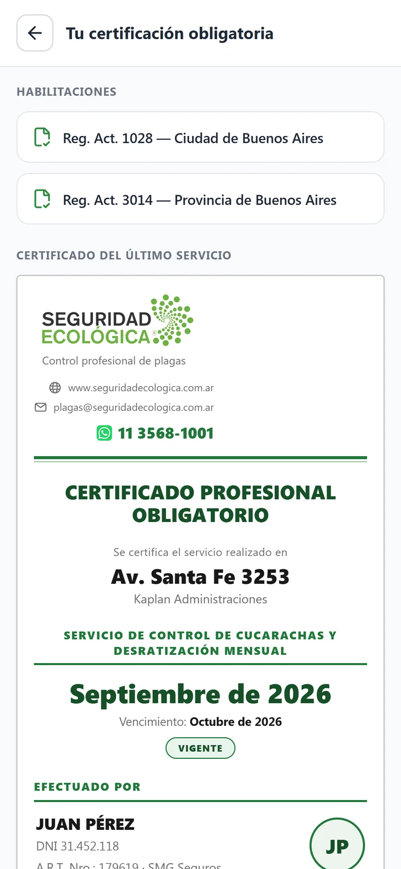 Certificado vigente del edificio visto desde el celular del vecino